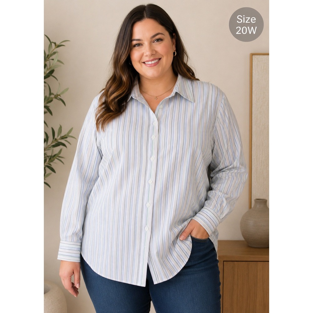 Gold Label Investments Non-Iron Striped Button Down 20W Plus Blue Green Tan